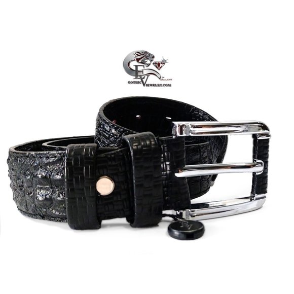 evgothicjewelry Crocodile Embossed Black Leather Men Women M Belt - Picture 1 of 7